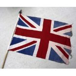 Vintage Union Jack flag, stamped 'British Made', 43" x 33", on a cloth wrapped pole 101" long