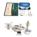 Assorted plated and white metal table wares including cased carving set, cased mother of pearl