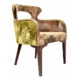 Crushed velvet upholstered occasional chair, moss green, on dark wood tapering legs, 25" wide, 22"