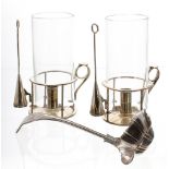 Pair of silver plated storm chamber sticks, with glass chimney surrounds and snuffers, 8.5" high;
