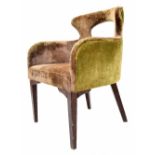 Crushed velvet upholstered occasional chair, moss green, on dark wood tapering legs, 25" wide, 22"