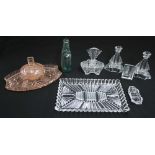 Art Deco style pressed glass set of candlesticks, dish with cover, open dish and tray; also a rose