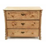French 19th century stripped pine chest of three long drawers, 40" wide, depth 20.25", height 32.5"