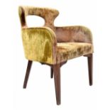 Crushed velvet upholstered occasional chair, moss green, on dark wood tapering legs, 25" wide, 22"