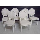 Set of six decorative French style painted dining chairs, 20" wide, 38" high, 18" deep, seat 19"