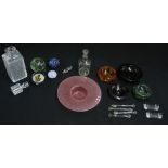 Glass wares including moulded glass square decanter and stopper, a smaller liquer decanter,