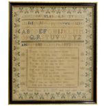 Early Victorian sampler by Susan Pearce, aged 8 years, 1837, worked with alphabet and verse within a