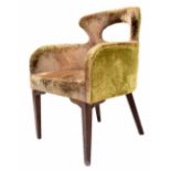 Crushed velvet upholstered occasional chair, moss green, on dark wood tapering legs, 25" wide, 22"