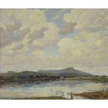 Charles Jaffcock (20th century) - Lake scene with a cottage, mountains beyond, signed and dated 1