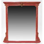 Large Victorian overmantel mirror, the plain glass within red painted frame highlighted with gilt h