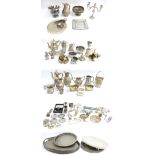 Large assortment of silver plated serving wares and domestic wares including gallery trays, jugs/