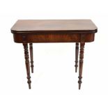 19th century mahogany foldover tea table, the D-end top over the frieze with satinwood banding and