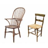 19th century elm seat comb back Windsor armchair, 41" high; together with a 19th century painted