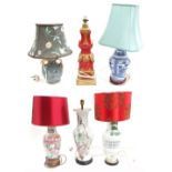 Five decorative Oriental baluster vases converted to electric lamps, tallest 20" including light