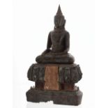 'The Meditation Buddha', interesting carved hardwood figure of a meditating seated Buddha, raised on