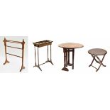 Oval oak tilt-top occasional table, circular mahogany occasional table, Edwardian towel rail and a