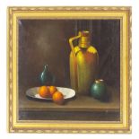 A* Van Dorp (20th century) - A still life of oranges in a cream bowl with other objects nearby,