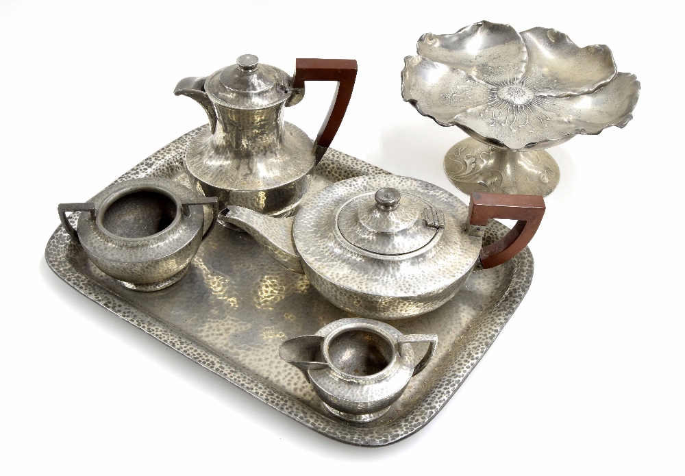 Lion Pewter planished tea set comprising teapot, water pot, sucrier, cream jug and tray; also a