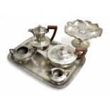 Lion Pewter planished tea set comprising teapot, water pot, sucrier, cream jug and tray; also a