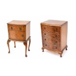Small walnut serpentine four drawer bedside chest upon short cabriole feet, 19" wide, 14.5" deep,