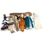 Assorted vintage dolls including bisque and felted examples, some articulated, mostly clothed, one