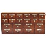 19th century apothecary chemist chest of twenty drawers, 47.5" wide, 9.5" deep, 23.5" high