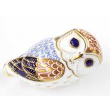 Royal Crown Derby porcelain owl paperweight, with gilt factory crest stopper underneath, 5" wide