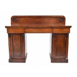Victorian mahogany twin pedestal chiffonier, the raised back with scrolled mouldings over reverse