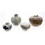 Two small Chinese provincial stoneware pots with covers and two miniature vases, possibly Ming