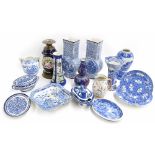 Collection of English blue and white transfer printed porcelain tea wares including two Spode plates