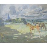 •Michel Lyne (1912-1989) - 'A Summer Visitor, 1939', a mare and foal in a landscape with cattle