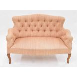Small button back sofa, rouge corduroy upholstered upon cabriole front legs, 55" wide, 37" high, 31"