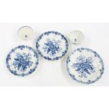 Three Worcester crescent period blue and white porcelain side dishes, each centrally decorated