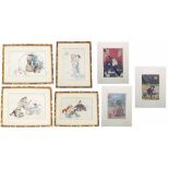 Four Japanese prints of figures in various pursuits, 11.5" x 7.5", within mount and gilt faux bamboo