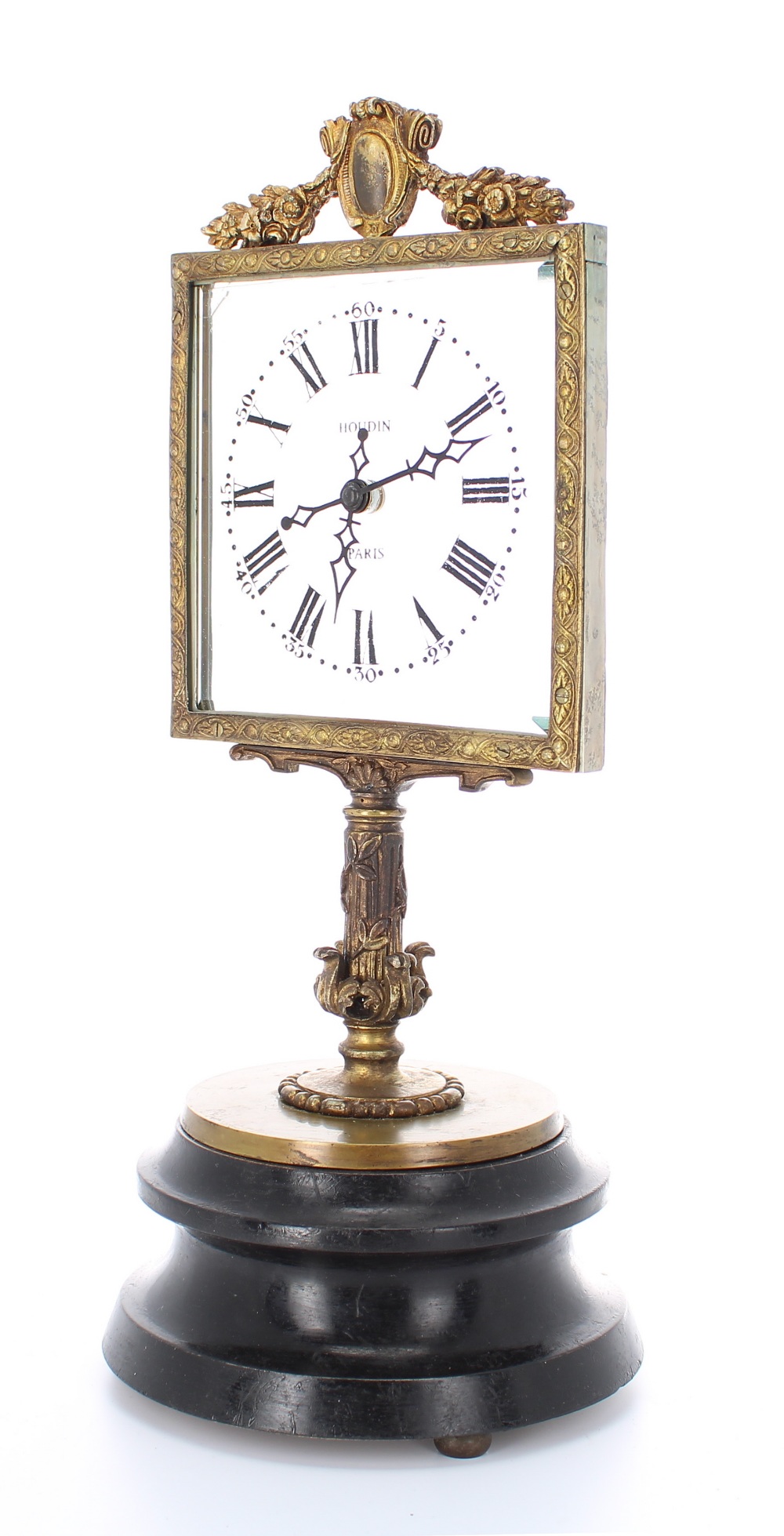 Fine and rare ormolu mystery clock, the 4.75" square bevelled glazed dial signed Houdin, Paris