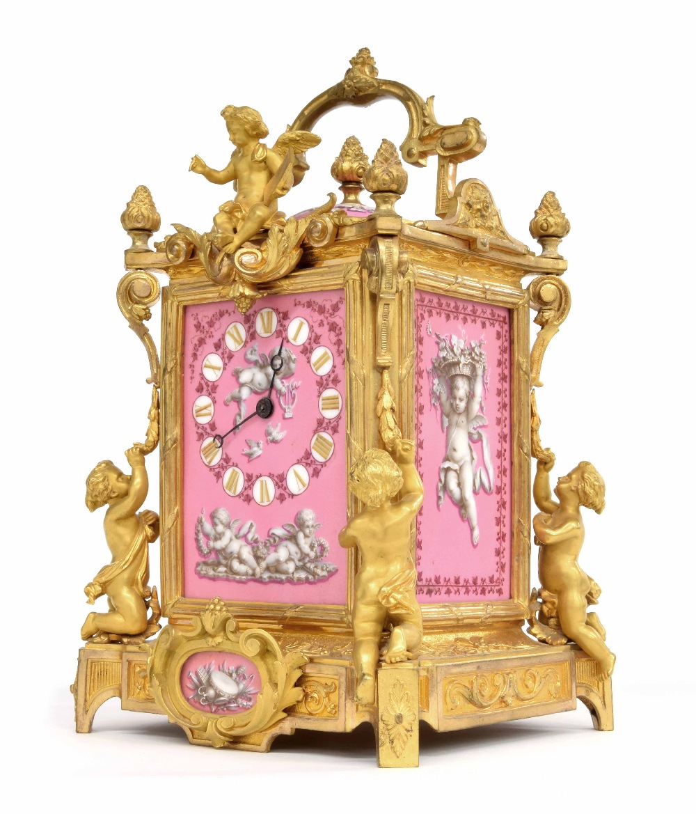 French exhibition giant gilt-bronze and porcelain mounted striking carriage clock, Japy Freres et