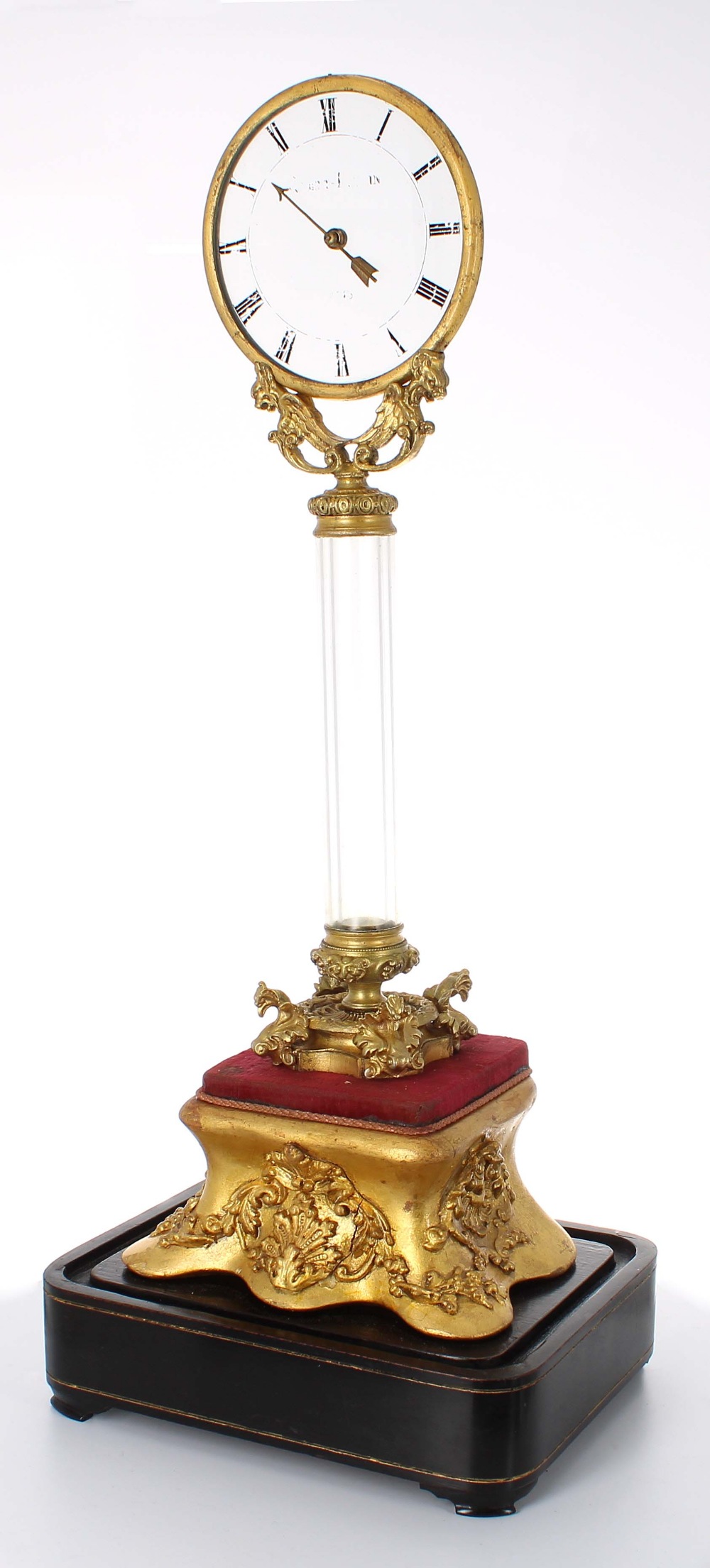 Very rare carved giltwood two train 'triple mystery' mantel clock, the 4.25" transparent glass