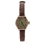 Centaur 9ct wire-lug lady's wristwatch, Birmingham 1948, 15 jewels, tan leather strap, 22mm