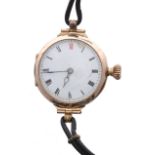 9ct gentleman's wristwatch, import hallmarks London 1910, circular white enamel dial with Roman