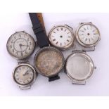 Four silver wire-lug wristwatches for repair; together with two silver wire-lug wristwatch cases (6)