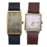 Rectangular gold plated wire-lug gentleman's wristwatch, rectangular silvered dial signed ETO,