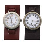 Swiss wire-lug trench style nickel cased wristwatch, enamel dial with Arabic numerals, minute