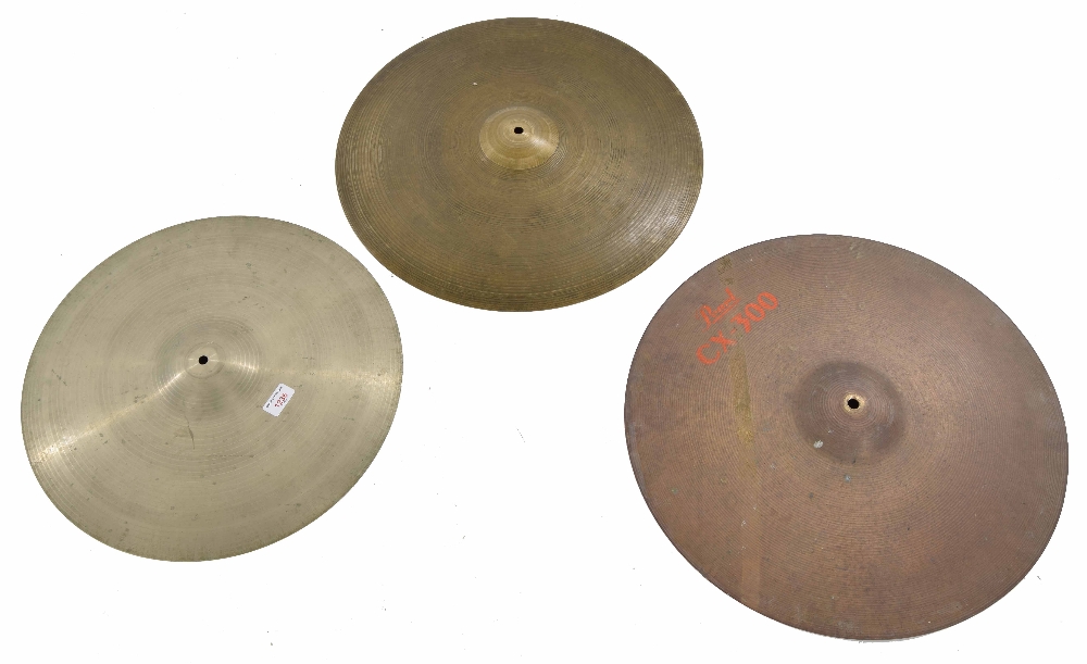 Vintage 18" Zyn crash cymbal; together with a 19" Zildjian Co. Avedis Turkish cymbal and a 20" Pearl