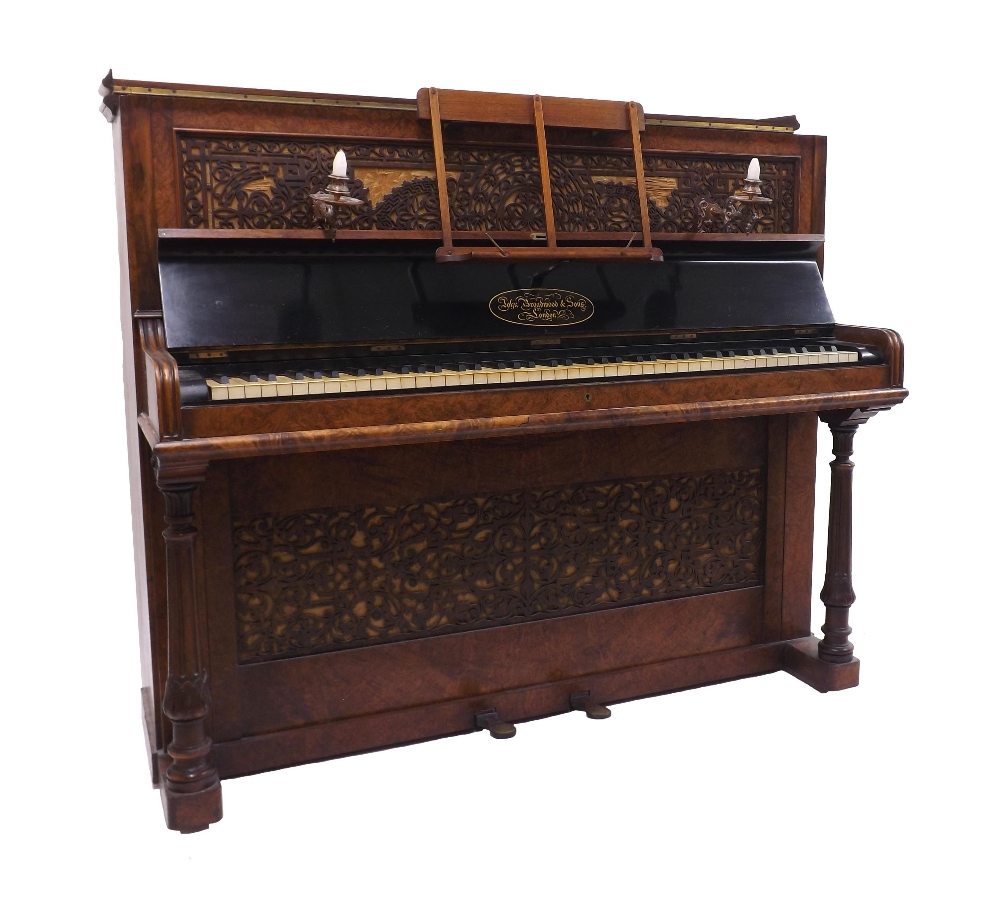 Upright piano by John Broadwood & Sons, London, 1873, the case of burr walnut with intricately - Image 2 of 8