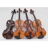 Four old full size violins and two bows