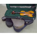 Contemporary Hidersine Venezia full size violin outfit, bow, hard fitted case (as new); also two