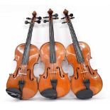 Three various old three-quarter size violins (3)