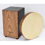 Contemporary bodhran, 20" high; also a contemporary Cajon with 18" skin and inlaid sides, soft