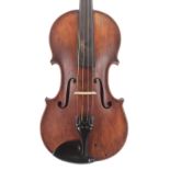 Interesting 19th century small viola, unlabelled, the two piece back of faint medium curl with