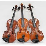 Three old three-quarter size violins (3)